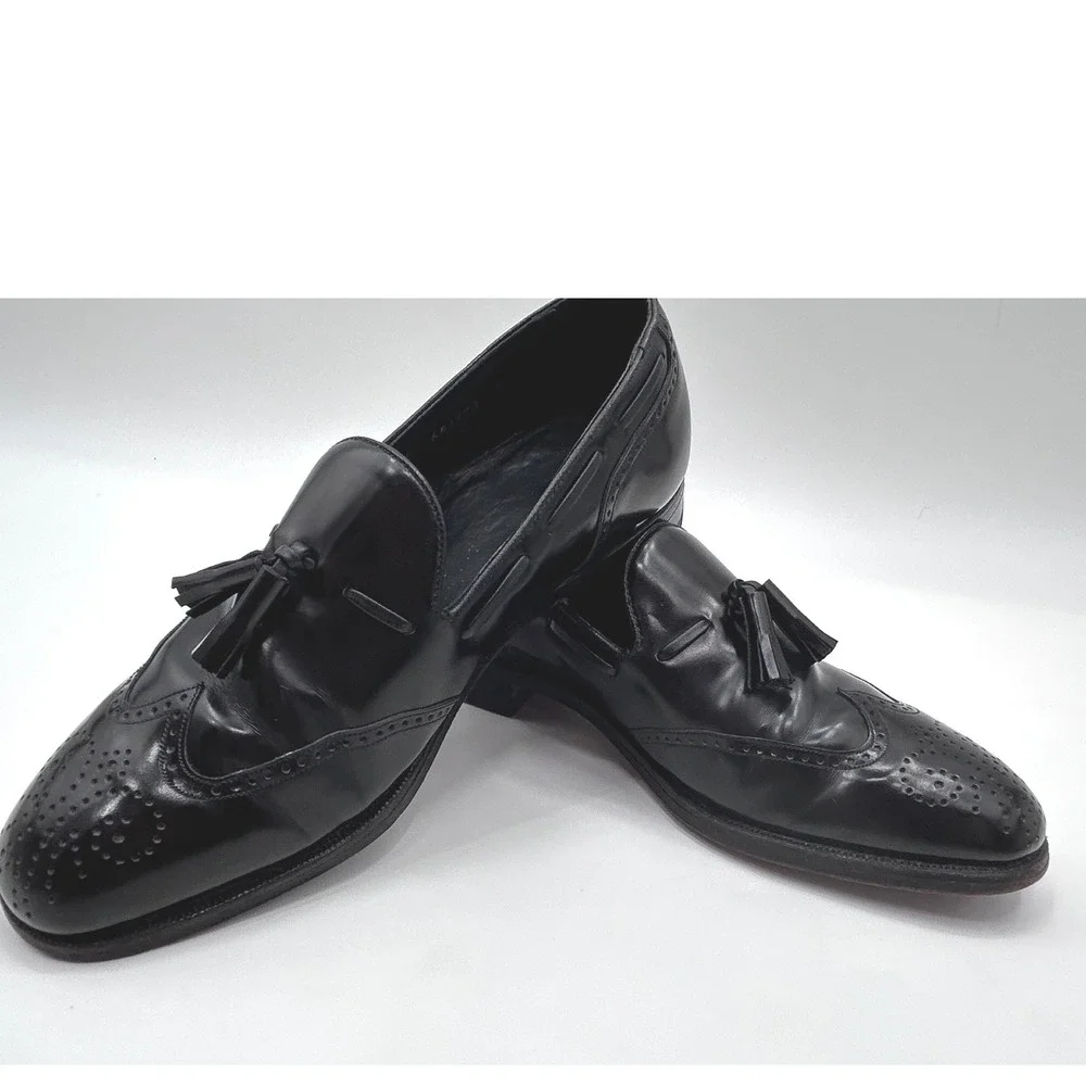 Vintage Black Leather Tassel Loafers Wingtip Slip On Dress Shoes Men's 9 E